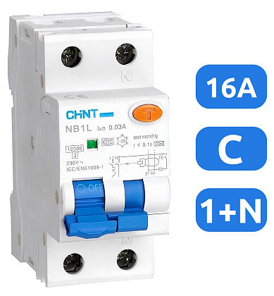 АВДТ NB1L C16/1+N 30мА, тип А, 6кА CHINT