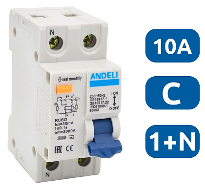 АВДТ DZ59LE-40/63 1P+N 10A 30mA х-ка С 4.5kA Andeli