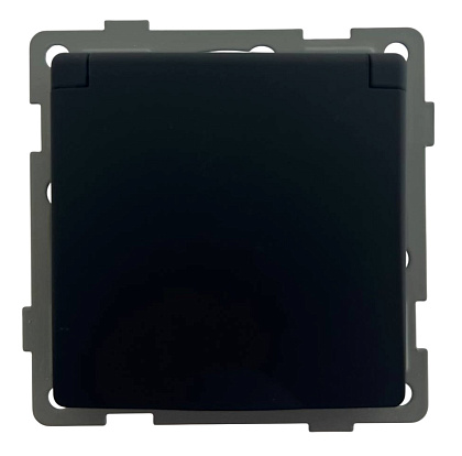 Розетка 1-я с крышкой с/з с шторками чёрная U2B-012 SoftTouch "Uno" AWSproducts