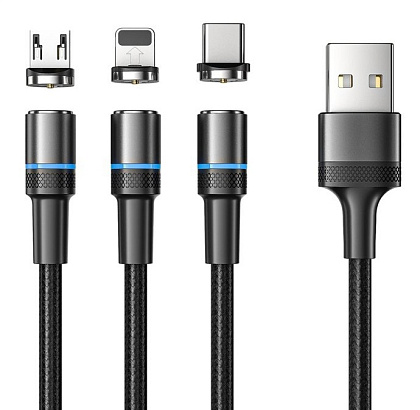 Дата-кабель USB 3в1, со съемными магнитными портами (Type-C,Lightning,MicroUSB) 1,2м