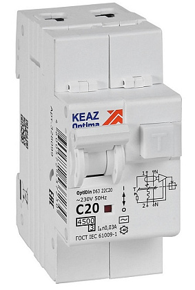 АВДТ32 OptiDin D63-22C20-AC-У3 С20/2 30мА, тип AC, 4.5кА КЭАЗ