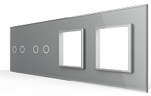 Панель для 2-х сенсорных выключателей и 2-х розеток Livolo, 4 клавиши (2+2), цвет серый, стекло