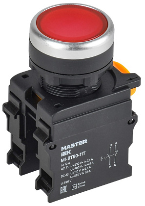 Кнопка с фиксацией d=22мм 1NO+1NC красная MASTER IEK