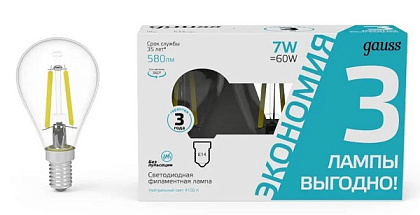 Лампа LED G45 E14 4100К 7Вт 580Лм упак.3Шт Filament Elementary Gauss