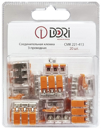 Клемма рычажковая 3 отверстия 0,08-2,5 (уп. 20шт) СМК221-413 прозр. DORI, уп