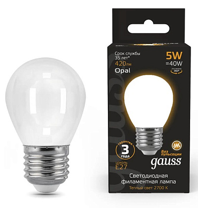Лампа LED G45 E27 2700К 5Вт 420Лм Filament OPAL Gauss