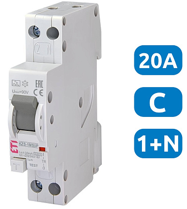 АВДТ KZS-1M C20/0.03 1+N, 30мА, тип А, 6кА (верх. подкл.) ETI