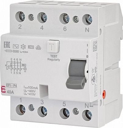 УЗО EFI-P4 40/4/0.1 100мА, тип АС, 10кА ETI