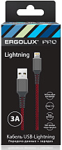 Дата-кабель ERGOLUX ELX-CDC09-C43 (USB-Lightning, 3А, 1,5м, Черный-красный, Ткань, Зарядка+ПД, Короб