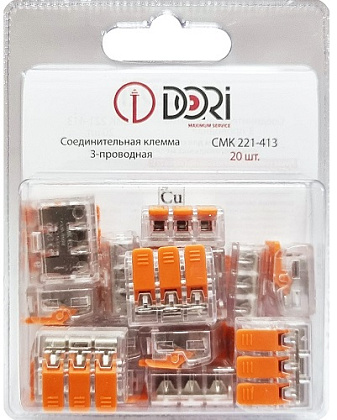 Клемма рычажковая 3 отверстия 0,08-2,5 уп20шт СМК221-413 пр WAGO DORI