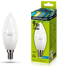 Лампа светодиодная Ergolux  LED-C35-9W-E14 Свеча 4500K 172-265В)
