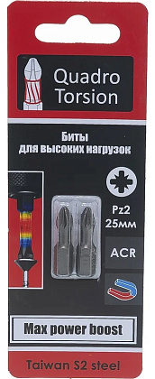 Бита 1/4" Pz2х25мм магнитная (2 шт) Quadro Torsion