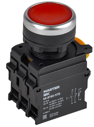 Кнопка с подсветкой и фиксацией d=22мм 1NO+1NC красная MASTER IEK
