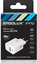 Сетевое ЗУ ERGOLUX ELX-РA04QC-C01(GaN 40 Вт,1USB+1Type C, 100-270В, 5V-12V/3,3А, QC, Белый)