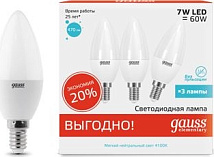 Лампа LED C35 E14 4100К 7Вт 470Лм упак. 3Шт Elementary Gauss