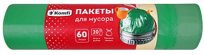 Мешки д/мусора ПНД с завязками 60л, 20шт, в рулоне, зеленые, Komfi