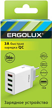 Сетевое ЗУ ERGOLUX ELX-РA02QC-C01 (36Вт 4USB, 100-220В, 5-9V/3А, 1QC+3/3А, Белый, Коробка)