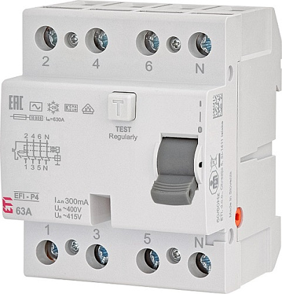 УЗО EFI-P4 63/4/0.3 300мА, тип АС, 10кА ETI