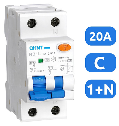 АВДТ NB1L C20/1+N 30мА, тип АC, 10кА CHINT