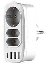 Разветвитель Socket Adapter 3 Euro 16A, 3 USB 3A+C с блоком 5В/3.1А RocketSocket, цвет белый-серый