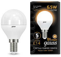 Лампа LED G45 E14 2700K 6.5Вт  520Лм GAUSS