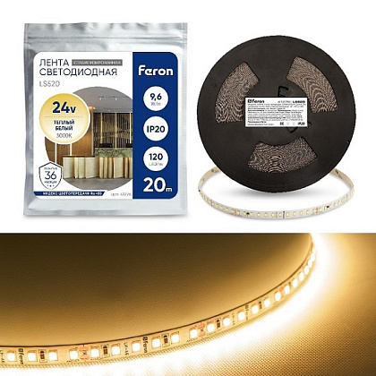 Лента LED 2835 3000К 9,6Вт/м 120LED/м 24В 1056Лм/м 20м FERON