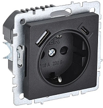 Розетка 1-я с/з со шторками USB (A+C 18Вт) черный BRITE IEK