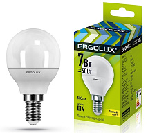Лампа светодиодная Ergolux  LED-G45-7W-E14 Шар 3000K 172-265В)