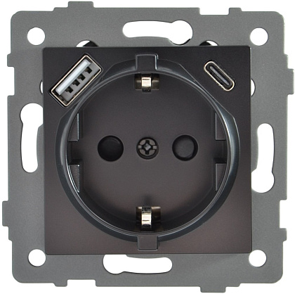 Розетка 1-я с/з с шторками с USB и TYPE C (5В, 2.1А) чёрная A-026B "Aura" AWSproducts