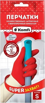 Перчатки хозяйственные латексные СВЕРХПРОЧНЫЕ БИКОЛОР S /белый+ красный/Komfi/144/12, ком