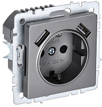 Розетка 1-я с/з со шторками USB (A+A 5В 2,1А) сталь BRITE IEK
