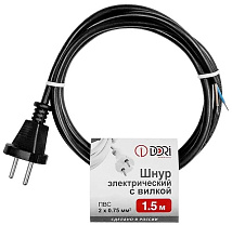 Шнур ПВС 2х0,75 с вилкой черный 1,5м