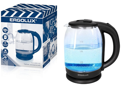 Чайник электрический стеклянный черный ПРОМО 1.8л., 1600 Вт ERGOLUX ELX-KG05-C02 (нерж.сталь, 1.8л, 