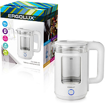 Чайник электрический белый 1,8 л. стекло/пластик ERGOLUX ELX-KG08-C01 (пластиковый, 1.8л, 220-240В, 