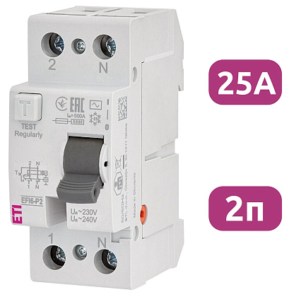 УЗО EFI6-P2 25/2/0.03 30мА, тип АС, 6кА ETI