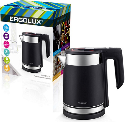 Чайник электрический черный 1,8л. нерж. сталь/пластик 1800Вт ERGOLUX ELX-KS10-C02 (нерж. сталь/пласт