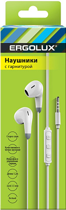 Наушники вкладыши с мик ERGOLUX ELX-WHP01-C01 (проводные, 3.5мм, 1,2м, Белые, Коробка)