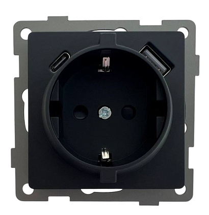 Розетка 1-я с/з с шторками с USB и TYPE C (5В, 2.1А) чёрная U2B-011 SoftTouch "Uno" AWSproducts