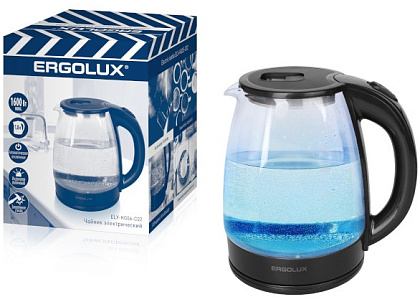 Чайник электрический стеклянный черный ПРОМО 1.8л., 1600 Вт ERGOLUX ELX-KG06-C02 (нерж.сталь, 1.8л, 