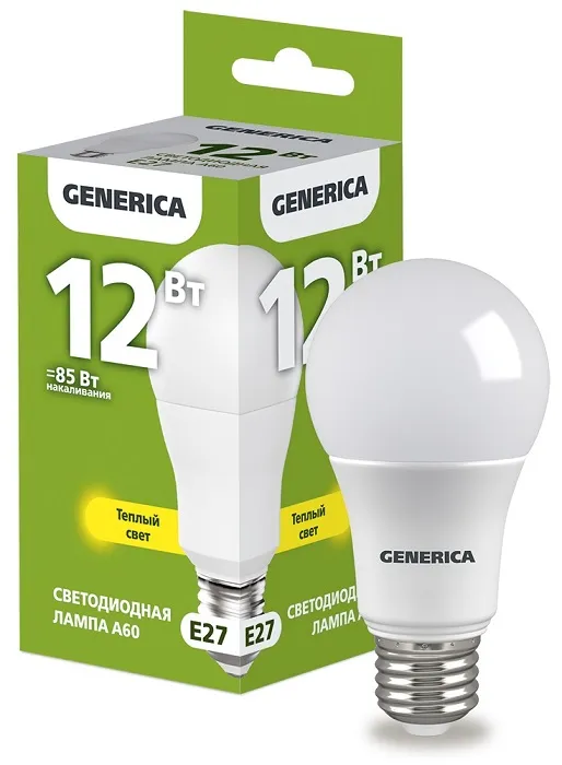 Лампа LED A60 E27 3000К 12Вт 1200Lm GENERICA