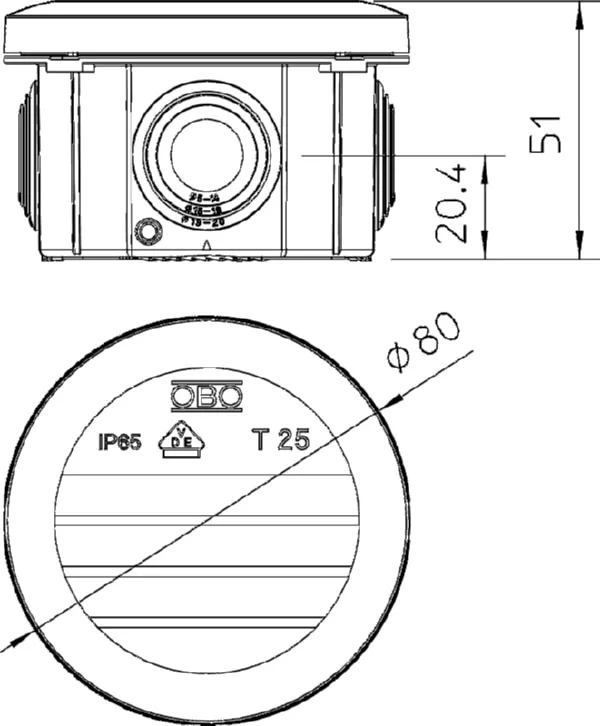 Коробка распред. о/п 63х45 IP65 СЕРАЯ Т25 OBO Bettermann (5)