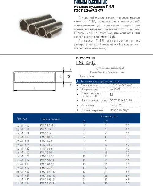 Гильза медная луженая ГМЛ 185-21 (ЗЭТАРУС)