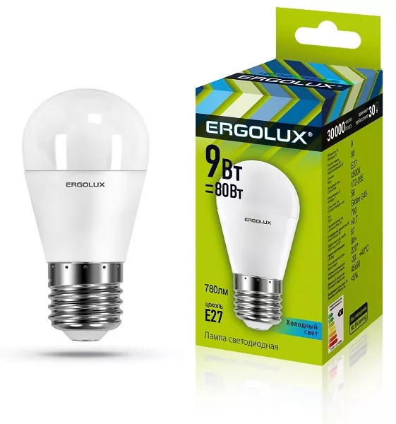 Лампа светодиодная Ergolux  LED-G45-9W-E27 Шар 4500K 172-265В)