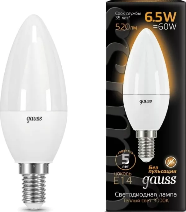 Лампа GAUSS LED Свеча 6,5W 220V E14 3000K 520Lm