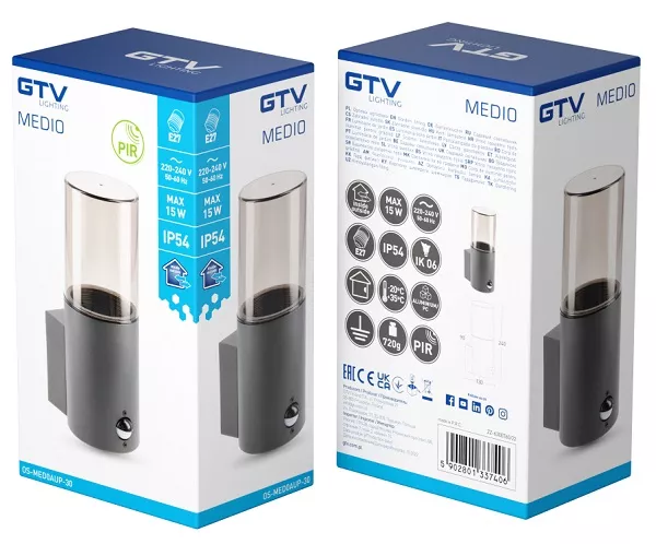 Светильник фасадный MEDIO-AU PIR, E27, MAX.15W, IP54, AC220-240V, 50-60Hz, графит GTV