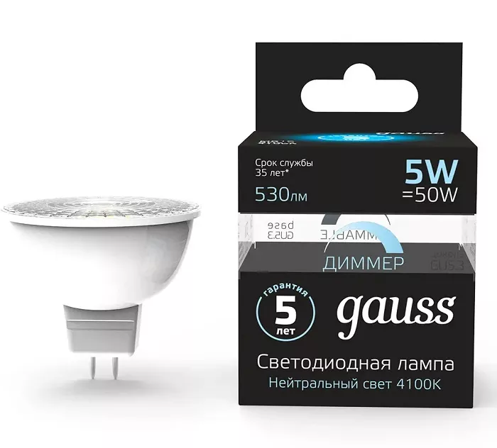 Лампа GAUSS LED DIMMER MR16 5W 220V GU5.3 4100K 530Lm