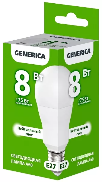 Лампа LED A60 E27 4000К 8Вт 800Lm GENERICA
