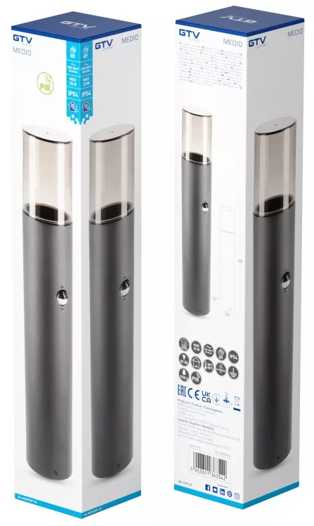 Светильник садовый MEDIO-P 50 PIR с датчиком движения E27, MAX.15W, IP54, столбик, графит GTV
