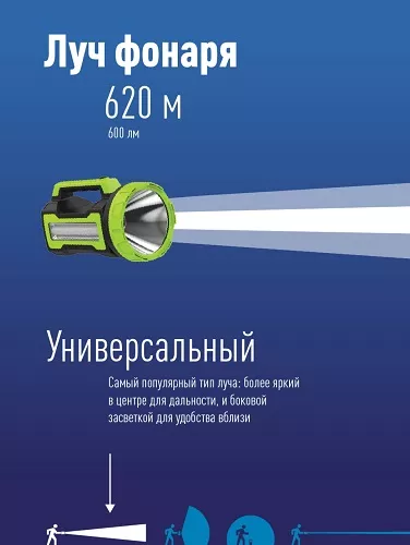 Фонарь аккум KOSMOS PREMIUM 10W LED, бок.пан. 4Вт, 3 режраб, регулировка яркости, з/у220/12в usb вых