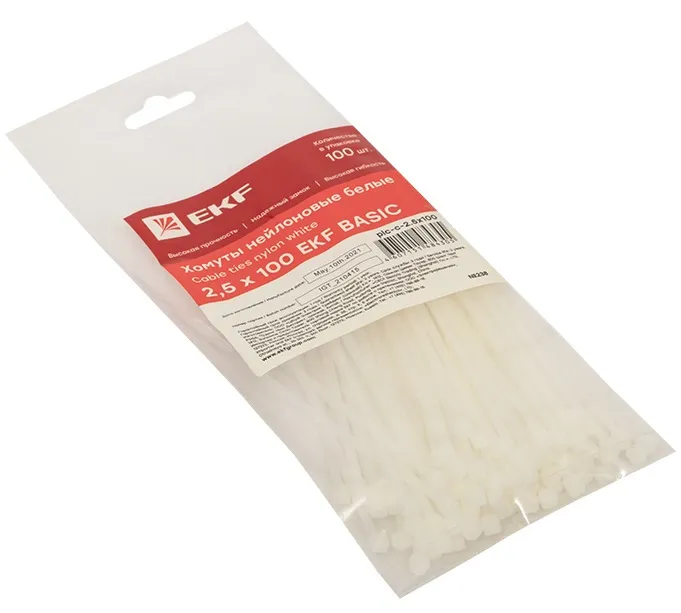 Хомут 2,5*100 белый нейлон (100 шт.) Basic (EKF), уп